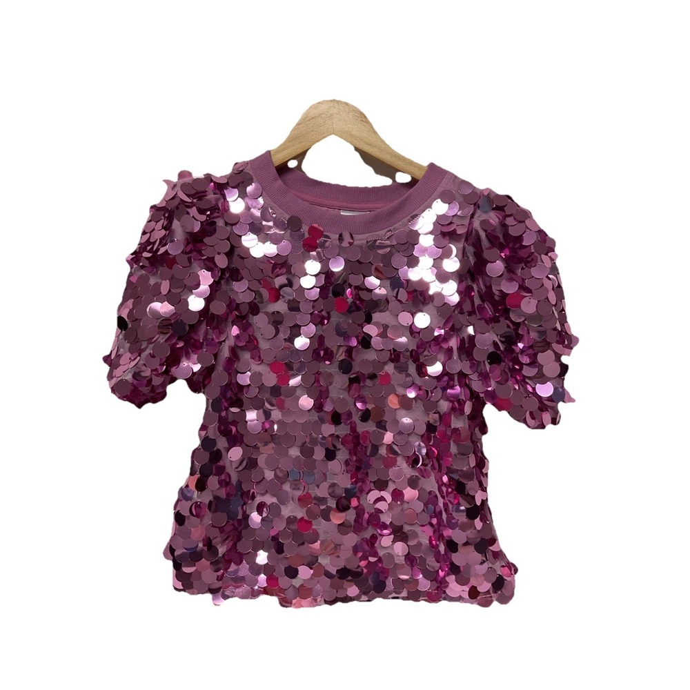 QUEEN OF SPARKLES Purple PUFF SLEEVE BIG‎ SEQUIN TOP SHIRT XS